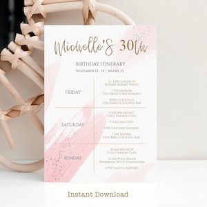 Printable Birthday Itinerary Template, Editable Birthday Itinerary, Birthday Party, Birthday Weekend, Rose Gold Itinerary, Instant Download