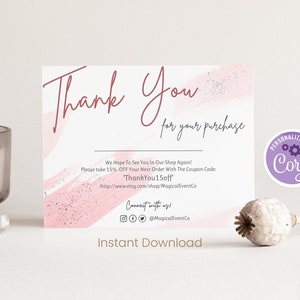 Roze Bedankt voor uw aankoopkaarten sjabloon, klein bedrijf, online bedrijf, Etsy verkoper, dank u bestel bewerkbare instant download DIY