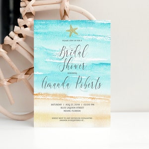 Watercolor Beach Bridal Shower Invite, Beach Theme, Ocean Bridal Shower, Starfish Bridal Shower, Editable Template, Printable Invitation DIY
