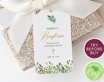 Greenery Baptism Thank You Tag Template, Floral Baptism Favor Tag, Instant Download, Editable Text, Printable Tags, DIY, First Communion Tag