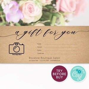 Modèle de chèque-cadeau modifiable, modèle de carte-cadeau en papier kraft, modèle de chèque-cadeau, cartes-cadeaux imprimables, carte-cadeau de photographe