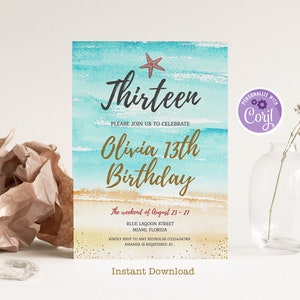 Watercolor Beach Birthday Party Invitation, Printable Thirteen Birthday Invitation, Editable Beach Birthday Party Invite, Instant Download