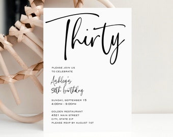 Simple 30th Birthday Invitation, Editable Birthday Invite, Thirty Birthday, Printable Women or Mens Birthday Invitation, INSTANT DOWNLOAD