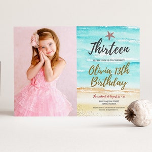 Watercolor Beach Birthday Party Add Photo Invitation, Printable Thirteen Birthday Invitation, Editable Beach Birthday Party Invite, Digital