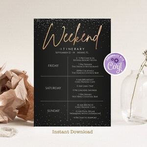 Modèle imprimable d'invitation d'itinéraire de week-end d'or foncé, itinéraire modifiable de week-end, carte de partie de poule Bachelorette, week-end d'anniversaire numérique