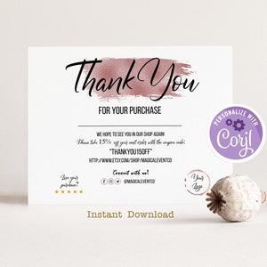 Oro rosa Gracias por la tarjeta de compra, Logotipo editable Gracias por la plantilla de tarjeta de pedido, Negocio en línea, Vendedor de Etsy, Tarjeta de cliente de brillo