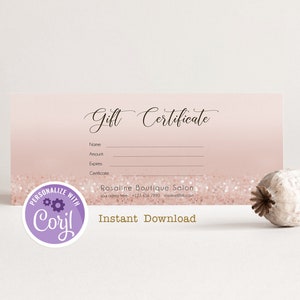 Modèle de chèque-cadeau modifiable, chèque-cadeau en or rose de salon de beauté, modèle de chèque-cadeau, cartes-cadeaux imprimables, bon de carte de boutique
