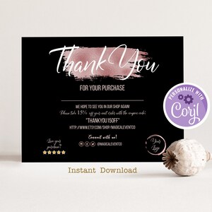 Oro rosa negro Gracias por la tarjeta de compra, Logotipo editable Gracias por la plantilla de tarjeta de pedido, Negocio en línea, Vendedor de Etsy, Tarjeta de cliente