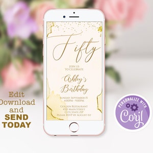 Electronic 50th Birthday Invite, Gold Fifty Beige Phone Party Invitation E-invite, Instant Download, Mobile Invite, Phone SMS Evite, Digital