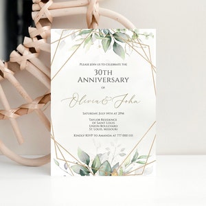 Printable Greenery Gold Geometric Editable Anniversary Party Invitation, Foliage 25th 30th 40th 50th Anniversary Template, Instant Download