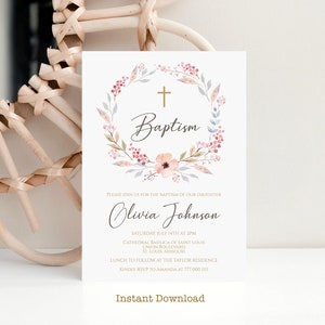 Boho Baptism Invitation, Editable Floral Girl Invitation Template, Printable Blush Pink Christening Invite, First Communion Instant Download