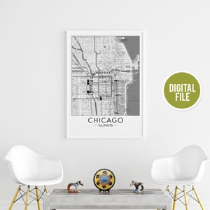 Chicago City Map Print, Printable Wall Art, Chicago Illinois Map Poster, United States Poster, United States Map Print, Black and White Map