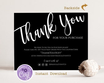 Business Thank You for Your Purchase Card, Printable Cards, Instant Download, Editable Template, Digital Packaging Insert, Online Business