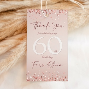 Etichette per bomboniere per 60° compleanno, etichetta di ringraziamento stampabile, etichetta di ringraziamento, etichetta di coriandoli oro rosa, etichetta di compleanno per qualsiasi età, etichetta di ringraziamento modificabile