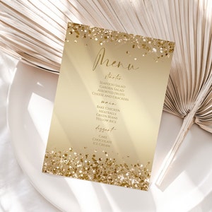 Goldfolie Glitzer Menüschablone, druckbare Geburtstagskarte, bearbeitbare DIY Menükarte, modernes Hochzeitsmenü, Digitales Menü, Direkter Download