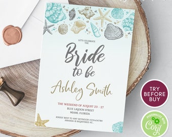 Summer Bridal Shower Invite, Beach Theme, Watercolor Ocean Bride to be, Beach Bridal Shower, Editable Template, Printable Invitation DIY