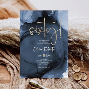 Blau Gold 60. Geburtstagseinladung Vorlage, druckbare Navy Herren sechzig Geburtstag einladen, bearbeitbare Überraschung einladen, digitaler Download
