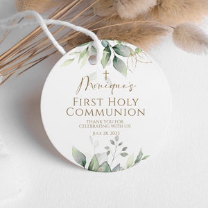 Round First Communion Thank You Tag, First Holy Communion, Eucalyptus Gold Leaves, Baptism, Sage Leaves, Boho, Boy Girl, Favor Tag Template