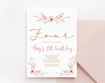 Girl 4th Birthday Printable Invitation, Floral Pink and Gold Fourth Birthday Party Invitation, Editable Invite Template, Instant Download