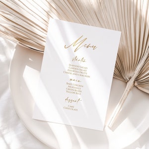 Druckbare Weiß Gold Folien Menü Vorlage, Editierbares Gold Geburtstag Menü, Hochzeit Menü, Luxus Menü, einfaches Hochzeitsmenü, Sofortiger Download DIY