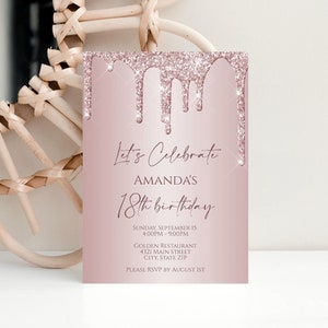 Lets Celebrate 18th Eighteen Birthday Invitation, Rose Gold Glitter Editable Invite, 5x7, Printable Invitation, Instant Download, Digital