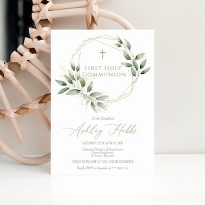 Gold Geometric Greenery Watercolor First Holy Communion Invitation Template, Printable First Holy Communion Invitation, Editable Template