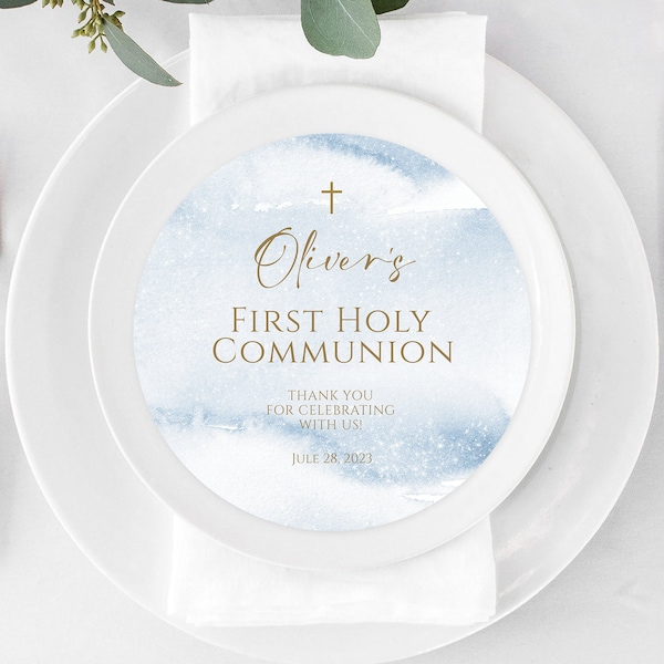 Editable Charger Plate Insert Template, Printable Blue Watercolor First Holy Communion Charger Plate Insert, Boy First Communion Template