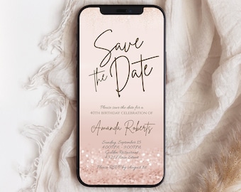 Electronic Save the Date, Rose Gold Glitter Digital Birthday Invitation Template, Editable Invite, Text Message Invitation, Instant Download