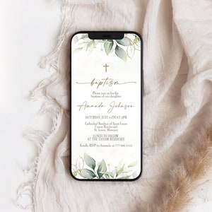 Digital Baptism Invitation Evite, Electronic Greenery Gold Leaves Baptism Invite, Text Message Baptism Invitation Template, Editable Invite