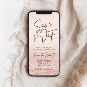 Elektronische Save the Date, Rose Gold Glitter digitale verjaardagsuitnodiging sjabloon, bewerkbare uitnodiging, tekstbericht uitnodiging, Instant Download