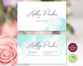 event planner business cards Watercolor Business Card, Small Business, Interior Designer, Event Planner, Social Icons, Turquoise Business Card Template, Instant Download