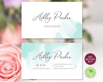 Watercolor Business Card, Small Business, Interior Designer, Event Planner, Social Icons, Turquoise Business Card Template, Instant Download