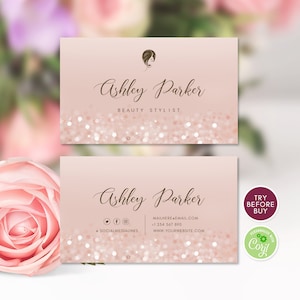 Cartão de visita em ouro rosa, cartões de visita para salão de beleza com logotipo, design de cartão de visita para impressão, cartão de visita editável, download instantâneo