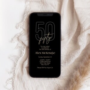 Electronic Black Gold 50th Fifty BIRTHDAY Invitation Evite, Phone Email text message invite, Editable Template, Digital Mens Invitation DIY