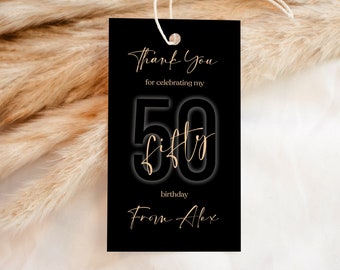 Black Gold Fifty 50th Birthday Favor Tag, Printable Thank You Tag Template, Black Modern Tags, Any Age Birthday Tag, Editable Thank You Tag