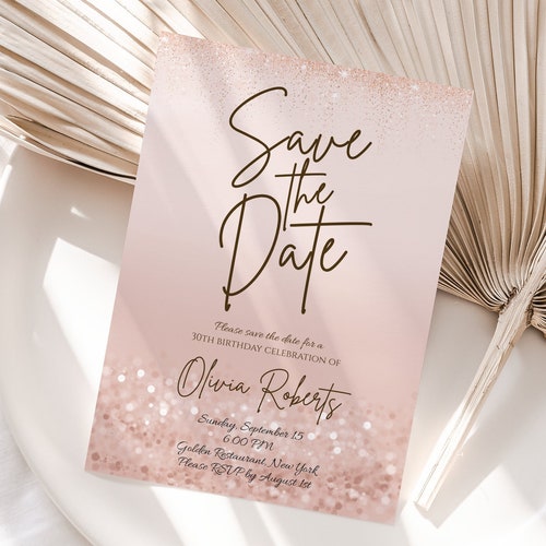 Save the Date Rose Gold Glitter Fancy Script Editable - Etsy
