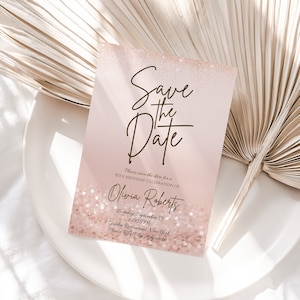 Printable Save the Date Rose Gold Glitter Editable Birthday Invitation Template, Modern Invite, Text Digital Invitation, Instant Download