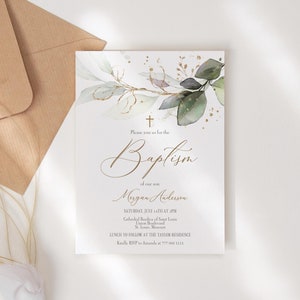 Modèle de carte modifiable d'invitation de baptême, verdure, faire-part de baptême, faire-part de baptême garçon fille, feuille d'or numérique Leves Baptism Evite