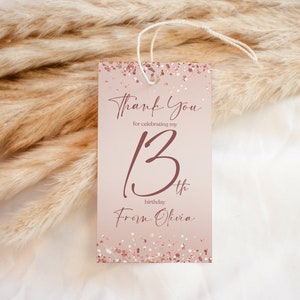 Rose Gold Thirteen 13th Birthday Favor Tag, imprimable Merci Tag Template, Pink Modern Tag, Any Age Birthday Tag, Editable Favor Tag