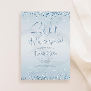 Modelo de convite Shhh it's Surprise Blue Silver Foil para impressão, convite de aniversário editável, cartão de festa surpresa para qualquer idade, mensagem de texto por e-mail