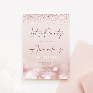 Lets Party Printable Birthday Invitation Template, 25th Birthday Party Invite, Editable Rose Gold Birthday Party Invitation Instant Download