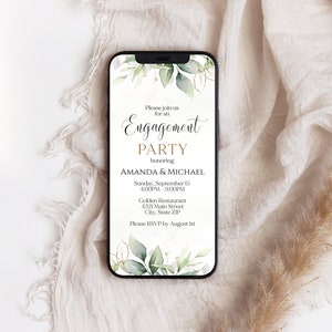 Electronic Engagement Invitation Announcement Card Evite, Text Message Email Invite, Phone Digital invite, Editable Gold Greenery Eucalyptus