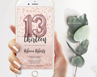 13th Birthday Invitation Electronic, Thirteen Editable Invite for girl, 13, Email Invite, Evite, Digital Template, Phone text message, Corjl