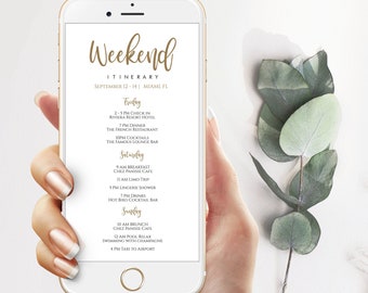 Electronic Itinerary Template, Editable Weekend Itinerary, Hen Party Bachelorette, Birthday Weekend, Gold Elegant Itinerary Instant Download