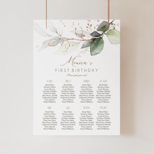 Plan de table modifiable pour le 1er anniversaire, modèle de panneau de sièges de verdure, affiche de panneau d'anniversaire de tout âge, plan de table d'anniversaire déco