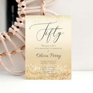 Printable Fifty Gold Glitter Editable 50th Birthday Invitation Template, Modern Invite, Email Text Digital Invitation, DIY Instant Download