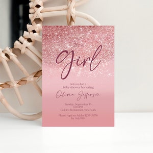 It's a Girl Printable Invitation, Rose Gold Glitter Editable Girl Baby Shower Invitation Template, Digital Invite, Instant Download