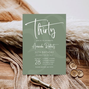 Modèle d'Invitation simple 30e anniversaire vert sauge, invitation anniversaire minimaliste imprimable, message texte email modifiable anniversaire vert