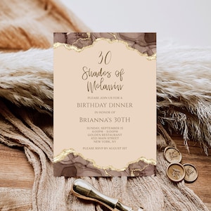 Modèle d'invitation de dîner d'anniversaire modifiable nuances de mélanine or, invitation agate, invitation imprimable nuance de brun, message texte par email
