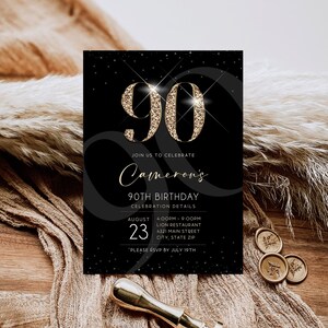 Modèle d'invitation 90e anniversaire de luxe en or noir, invitation imprimable pour homme, invitation modifiable, invitation élégante, message texte par email